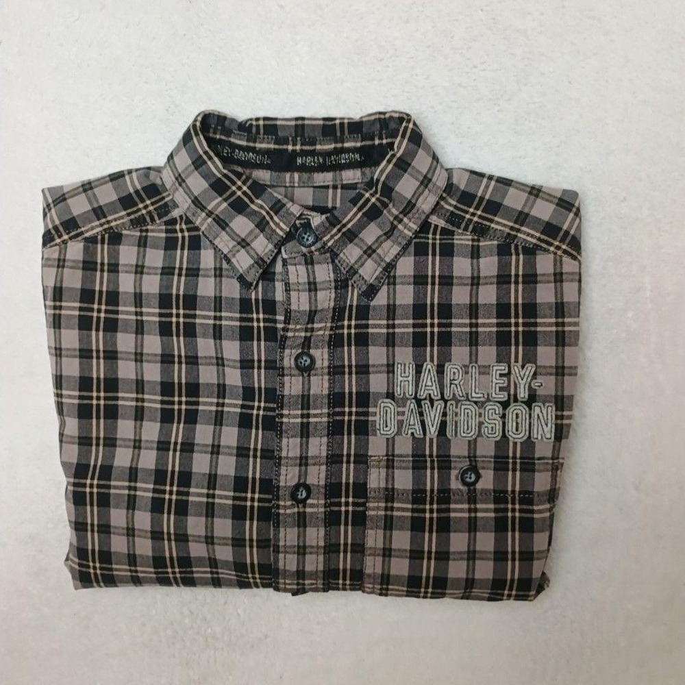 Harley-Davidson Shirt Mens S Beige Plaid Button-Up Flannel Embroidered Pocket